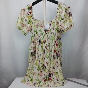 NEW H&M Floral Pleet Dress Size XXL Mini Short Cold Shoulder Ivory Floral